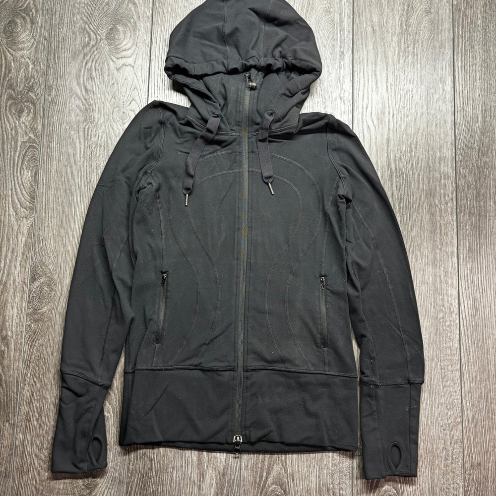 Lululemon Scuba Hoodie Full Zip Black Jacket Size 4 Thumbholes Cotton Fleece